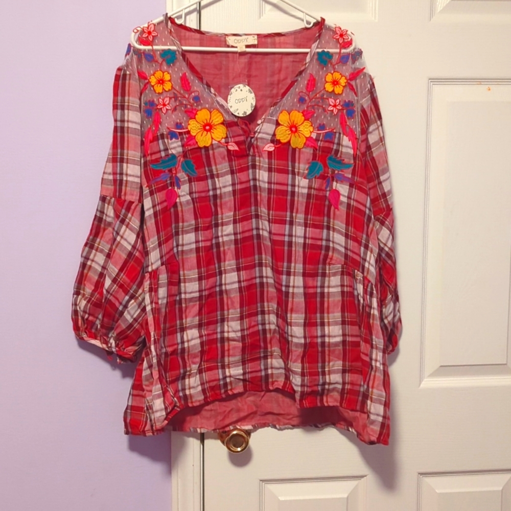 Red plaid floral lace shirt